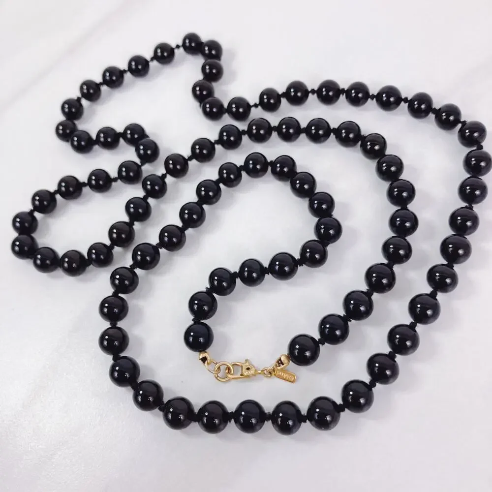 VTG Monet Signed Glossy Jet Black Glass Bead Necklace 70s Long Opera Strand